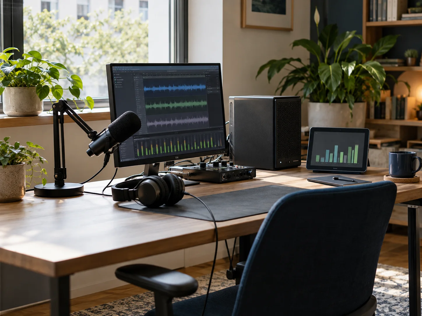 Un espacio compacto de producción de radio con micrófono, auriculares, ordenador y plantas junto a una ventana luminosa.
