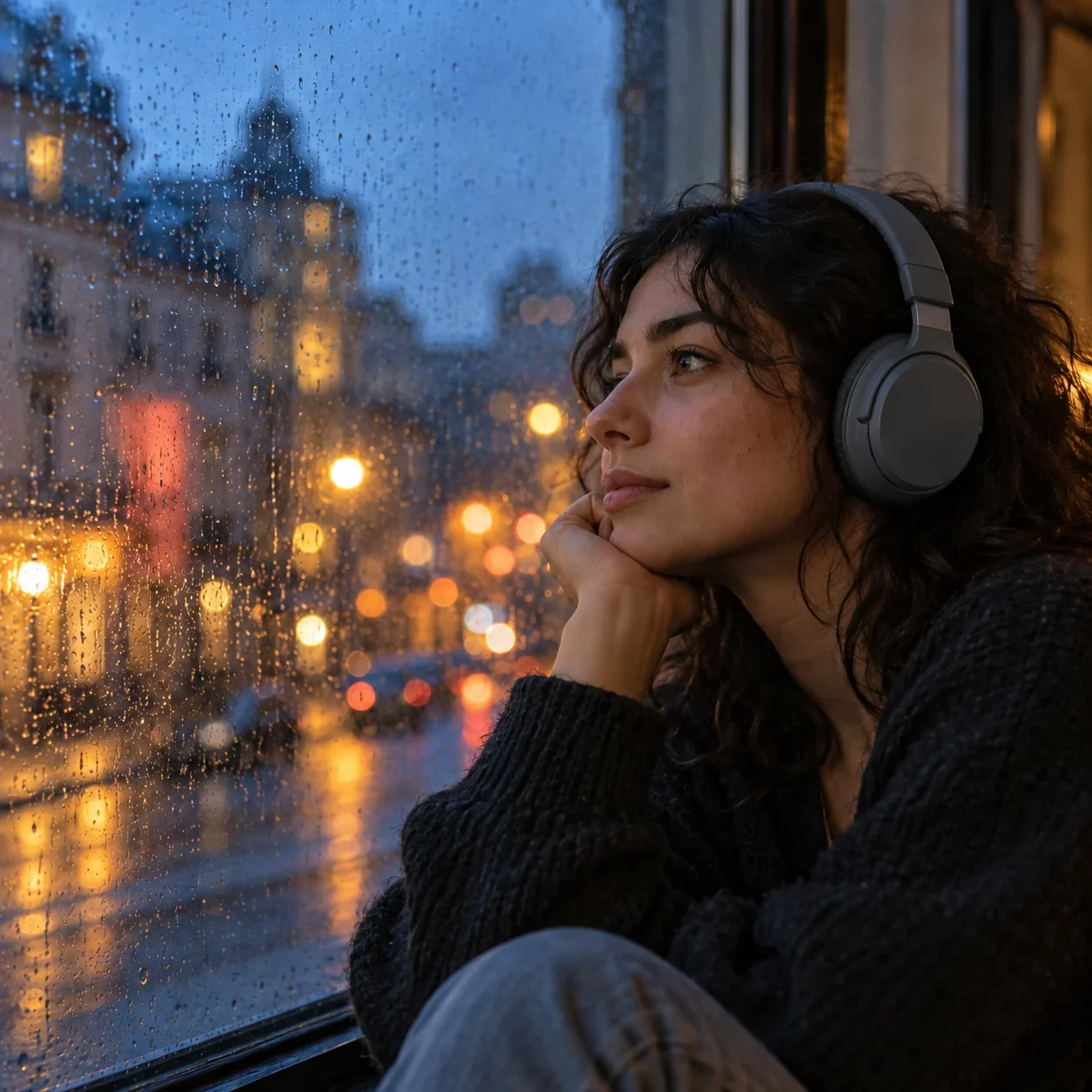 Una mujer con auriculares gris oscuro mira por una ventana lluviosa hacia las luces de la ciudad.