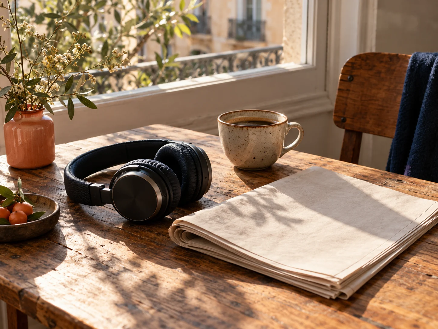 Auriculares, una taza de café y un periódico descansan sobre una mesa junto a una ventana soleada.